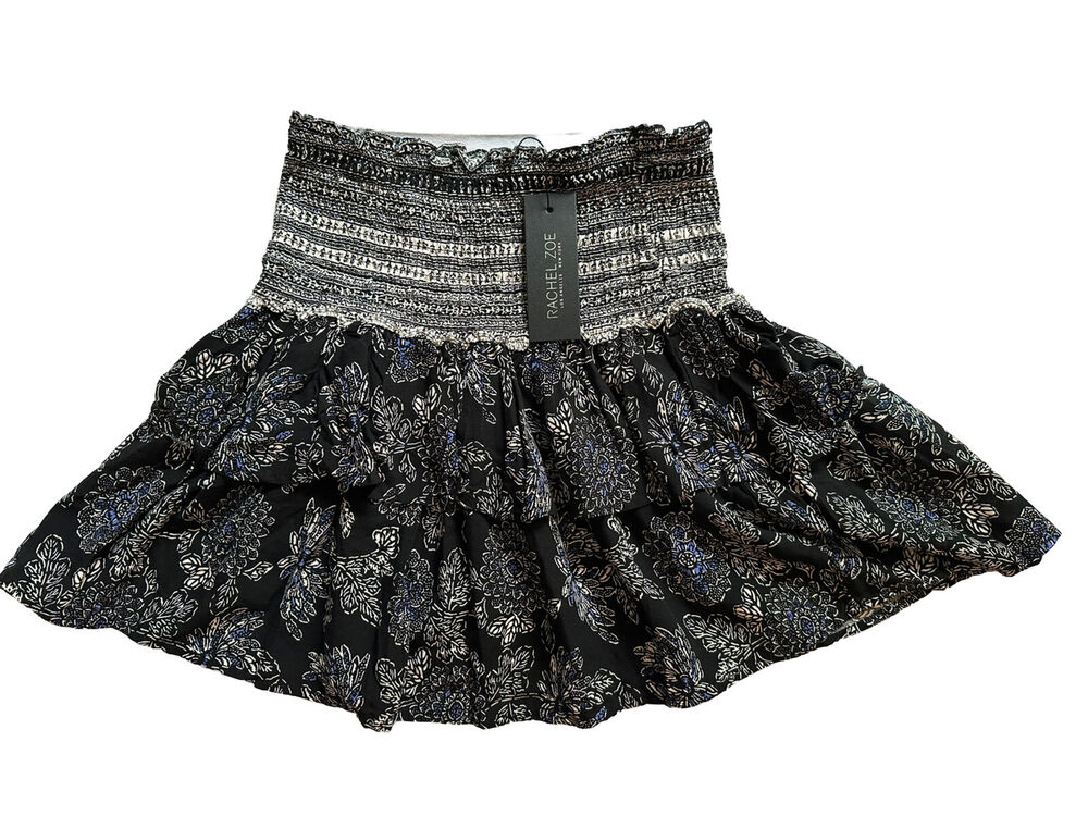 Rachel Zoe Womens Skirt Small Ruffle Tier Black Floral Contrast Pull On Skirt